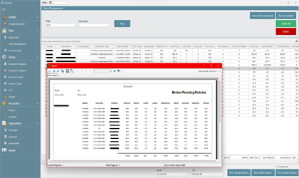 Insurance Software with taxes, commissions, logs, payments, expenses, invoices and 8 total reports.